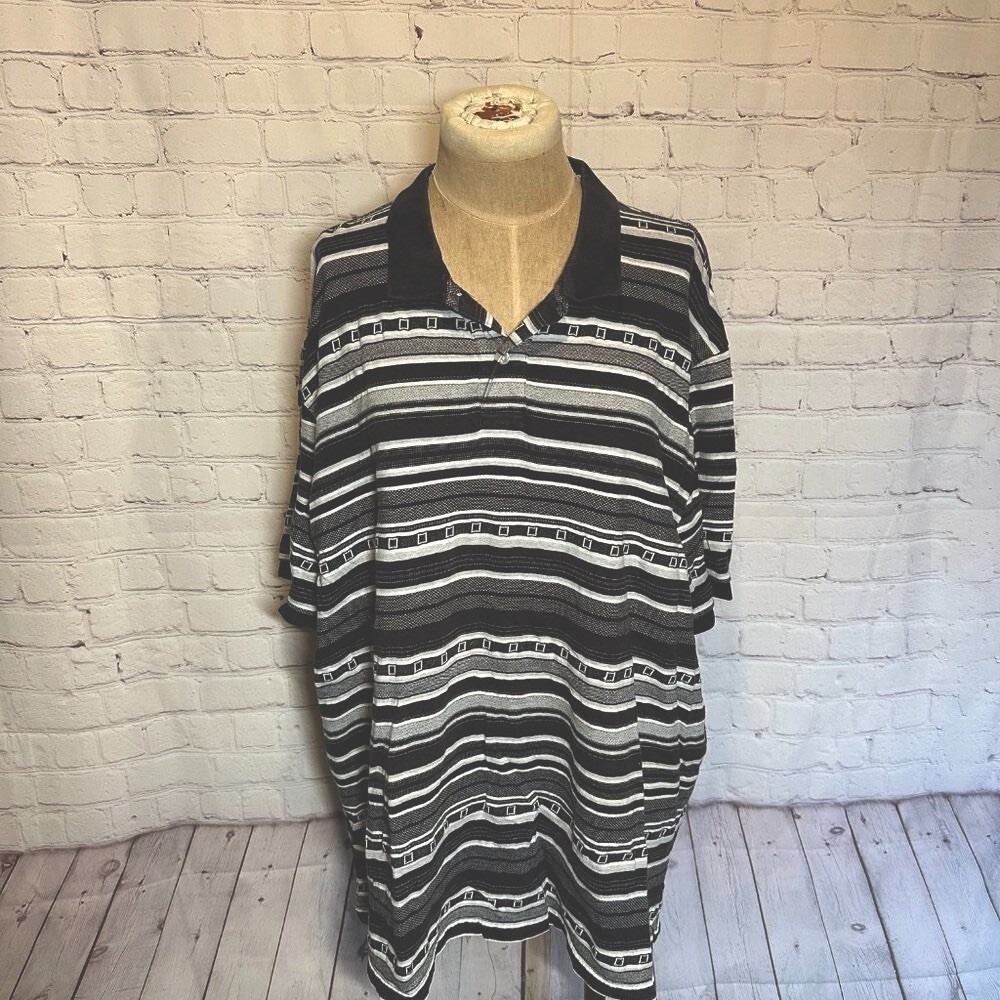 Vintage Chaps‎ Mens Polo Shirt XXL Black White Striped 90s Geometric Cotton Top